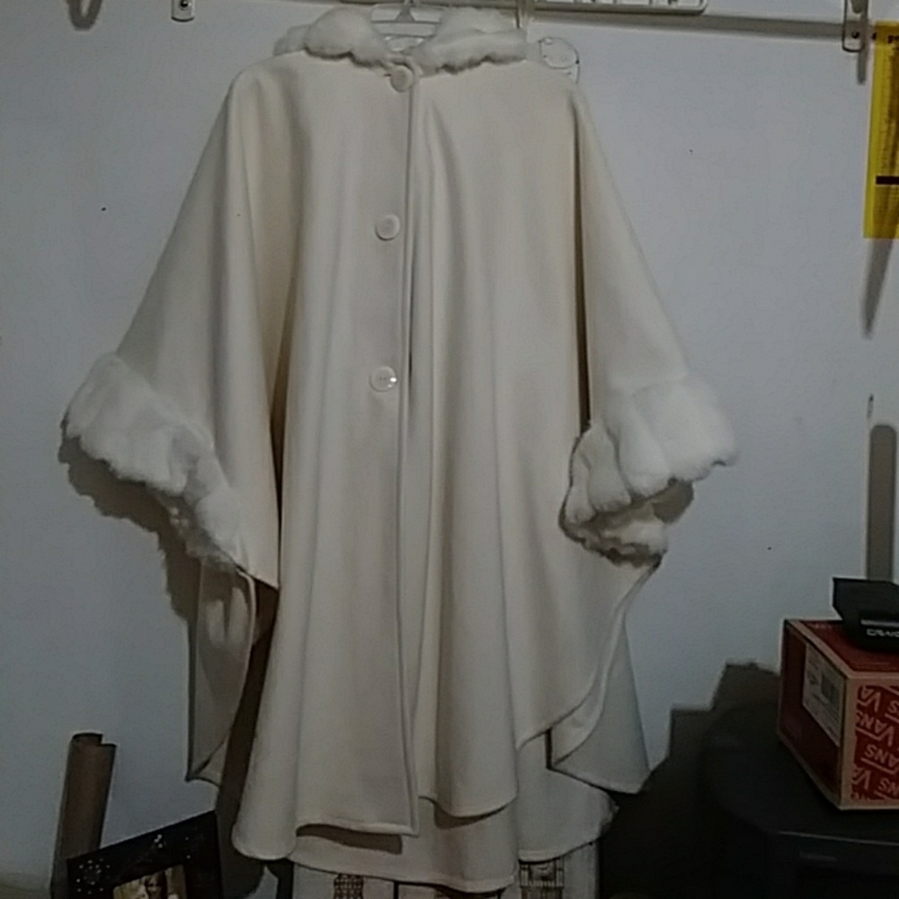 JP 1893 Ivory Faux Fur Wool Poncho Coat